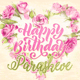 A stunning heart made of pink roses surrounds the elegant script text 'Happy Birthday Paraskeve' on a soft beige background. Animated sparkles add a magical and festive feel.
