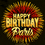 Golden 'Happy Birthday Paris' text accompanied by animated rainbow fireworks for a festive animated greeting.