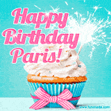 A festive cupcake with pink icing, a gingham bow, and a lit animated sparkler, paired with 'Happy Birthday Paris!' in bright pink text.
