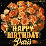 Animated bouquet of orange roses with moving butterfles and golden 'Happy Birthday Paris' text, surrounded by sparkling accents and a dark backdrop for a luxurious feel.
