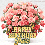 Golden 'Happy Birthday Paris' text beneath a vibrant bouquet of orange roses, complete with glittering butterflies and sparkling details.