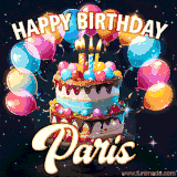 Bright birthday animation for Paris with a chocolate cake, candles, balloons, and glowing celebratory lights.