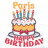 Cartoon birthday cake with a red bow, glowing candles, and 'Paris Happy Birthday' text in bold animated style.