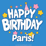 Colorful animated birthday card with the text 'HAPPY BIRTHDAY Paris!' in a white playful font surrounded by stars, hearts, and a party hat on a blue background.