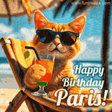 An animated orange cat wearing sunglasses, sitting on a beach chair with a tropical drink, with a festive 'Happy Birthday Paris!' message.