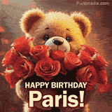 Cinematic style cute animated teddy bear with charming features holding a large bouquet of red roses, the words say 'Happy Birthday Paris' in sans serif font.