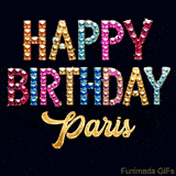 Vibrant luxury birthday greeting card for Paris, showing glittering gemstone letters and golden calligraphy on a dark background with twinkling shine effects.