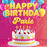 Pink-themed animated greeting with balloons, confetti, and a frosted cake under the message 'Happy Birthday Paris' in bold rounded yellow font.