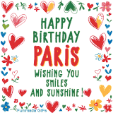 A colorful animated card for Paris’s birthday featuring playful hearts, cheerful flowers, and a handwritten message wishing smiles and sunshine.