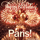 A luxury red present tied with a golden bow and topped with gold and burgundy balloons, personalized with the name Paris