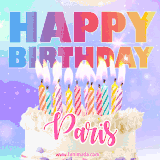 A vibrant animated name GIF with the words 'Happy Birthday Paris' with colorful candles on a creamy cake. The background sparkles with pastel shades, adding a festive touch.