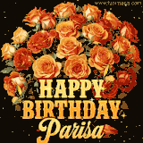 Animated bouquet of orange roses with moving butterfles and golden 'Happy Birthday Parisa' text, surrounded by sparkling accents and a dark backdrop for a luxurious feel.