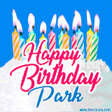 A cheerful animated GIF featuring colorful lit birthday candles on a white cake, with the text 'Happy Birthday Park' in bold red and blue script on a bright blue background.
