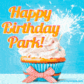 A cheerful animated GIF of a cupcake with creamy frosting, a red checkered ribbon, and a bright sparkler on top. The text 'Happy Birthday Park!' is displayed in vibrant orange and red.