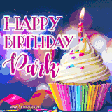 A festive animated GIF featuring a colorful cupcake with a single lit candle, sprinkles, and 'Happy Birthday Park' text against a sparkling, celebratory background.