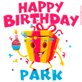 A funny animated birthday GIF with the words 'Happy Birthday Parka', colorful gift box with arms and legs, holding a cupcake with a lit candle  with confetti everywhere.