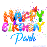 Animated GIF with colorful, festive 'Happy Birthday Park' text decorated with patterns, a party hat, and falling confetti. A vibrant and cheerful design for birthday celebrations.