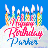 A cheerful animated GIF featuring colorful lit birthday candles on a white cake, with the text 'Happy Birthday Parker' in bold red and blue script on a bright blue background.