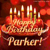 Animated GIF with colorful, festive 'Happy Birthday Parker' text decorated with patterns, a party hat, and falling confetti. A vibrant and cheerful design for birthday celebrations.