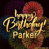 A vibrant display of multicolor fireworks with the text 'Happy Birthday Parker' written in gold, glowing beautifully in front of the explosive background.