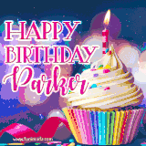 A festive animated GIF featuring a colorful cupcake with a single lit candle, sprinkles, and 'Happy Birthday Parker' text against a sparkling, celebratory background.
