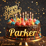 Animated card of a gourmet chocolate birthday cake with the name Parker and glowing candle flames.
