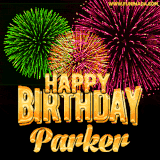 A captivating GIF with bursts of green, pink, and orange fireworks lighting up the night sky, accompanied by 'Happy Birthday Parker' in glowing golden text.