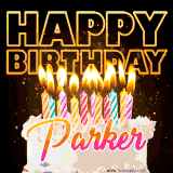 A vibrant animated GIF featuring a delicious birthday cake topped with glowing candles and the name 'Parker' in elegant script, and the words 'Happy Birthday' on the black background.