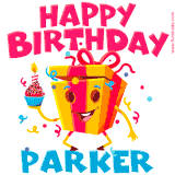 A funny animated birthday GIF with the words 'Happy Birthday Parkera', colorful gift box with arms and legs, holding a cupcake with a lit candle  with confetti everywhere.