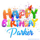 Animated GIF with colorful, festive 'Happy Birthday Parker' text decorated with patterns, a party hat, and falling confetti. A vibrant and cheerful design for birthday celebrations.