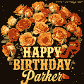 Beautiful bouquet of orange and red roses for Parker, golden inscription and twinkling stars