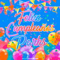 A vibrant animated GIF with 'Feliz Cumpleaños Parks' written in colorful script, surrounded by balloons, confetti, and bunting on a bright blue background.