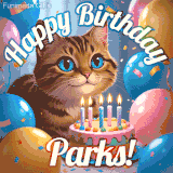 A playful tabby cat sits behind a colorful birthday cake surrounded by balloons and confetti, with 'Happy Birthday Parks!' written above in festive letters.
