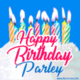 A cheerful animated GIF featuring colorful lit birthday candles on a white cake, with the text 'Happy Birthday Parley' in bold red and blue script on a bright blue background.