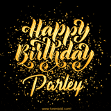 Animated GIF with colorful, festive 'Happy Birthday Parley' text decorated with patterns, a party hat, and falling confetti. A vibrant and cheerful design for birthday celebrations.