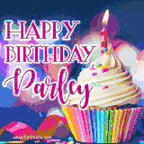 A festive animated GIF featuring a colorful cupcake with a single lit candle, sprinkles, and 'Happy Birthday Parley' text against a sparkling, celebratory background.