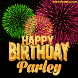 A captivating GIF with bursts of green, pink, and orange fireworks lighting up the night sky, accompanied by 'Happy Birthday Parley' in glowing golden text.