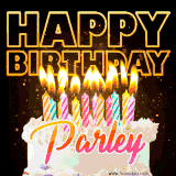 A vibrant animated GIF featuring a delicious birthday cake topped with glowing candles and the name 'Parley' in elegant script, and the words 'Happy Birthday' on the black background.