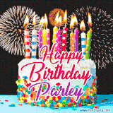 A lively happy birthday animated GIF showcasing a colorful birthday cake covered in sprinkles, topped with glowing candles, and surrounded by vibrant fireworks. The name 'Parley' is featured in elegant script.