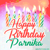 Bright birthday candles with rainbow flames on a cake, alongside the text 'Happy Birthday Parnika' in vibrant script in this celebratory animated GIF.