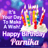 A colorful birthday GIF for Parnika featuring a cupcake with vibrant lit candles and the text 'It's Your Day to Make a Wish! Happy Birthday Parnika' in bold letters on a festive purple background.