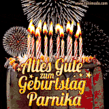 A chocolate birthday cake with glowing candles, the German text 'Alles Gute zum Geburtstag Parnika,' and vibrant fireworks lighting up the background in an animated GIF.