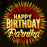 Golden 'Happy Birthday Parnika' text accompanied by animated rainbow fireworks for a festive animated greeting.