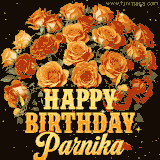 Animated bouquet of orange roses with moving butterfles and golden 'Happy Birthday Parnika' text, surrounded by sparkling accents and a dark backdrop for a luxurious feel.