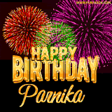 A golden 'Happy Birthday Parnika' message with vibrant fireworks in the background, creating a festive and celebratory vibe in this animated name GIF.