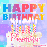 A vibrant animated name GIF with the words 'Happy Birthday Parnika' with colorful candles on a creamy cake. The background sparkles with pastel shades, adding a festive touch.