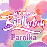A vibrant name GIF featuring colorful balloons in shades of pink, orange, and yellow with the bold text 'Happy Birthday Parnika' in festive fonts, creating a lively birthday vibe.