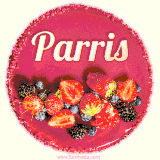 Beautifully decorated red velvet berry birthday cake with vibrant fruits and a glowing 'Parris' name, adding a touch of sweetness and sparkle.