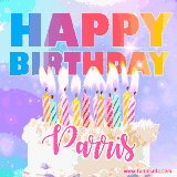 A vibrant animated name GIF with the words 'Happy Birthday Parris' with colorful candles on a creamy cake. The background sparkles with pastel shades, adding a festive touch.
