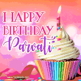 A vibrant birthday GIF featuring a rainbow-colored cupcake topped with white frosting, sprinkles, and a lit candle. The text reads 'Happy Birthday Parvati' in bold pink and violet letters with white outline.